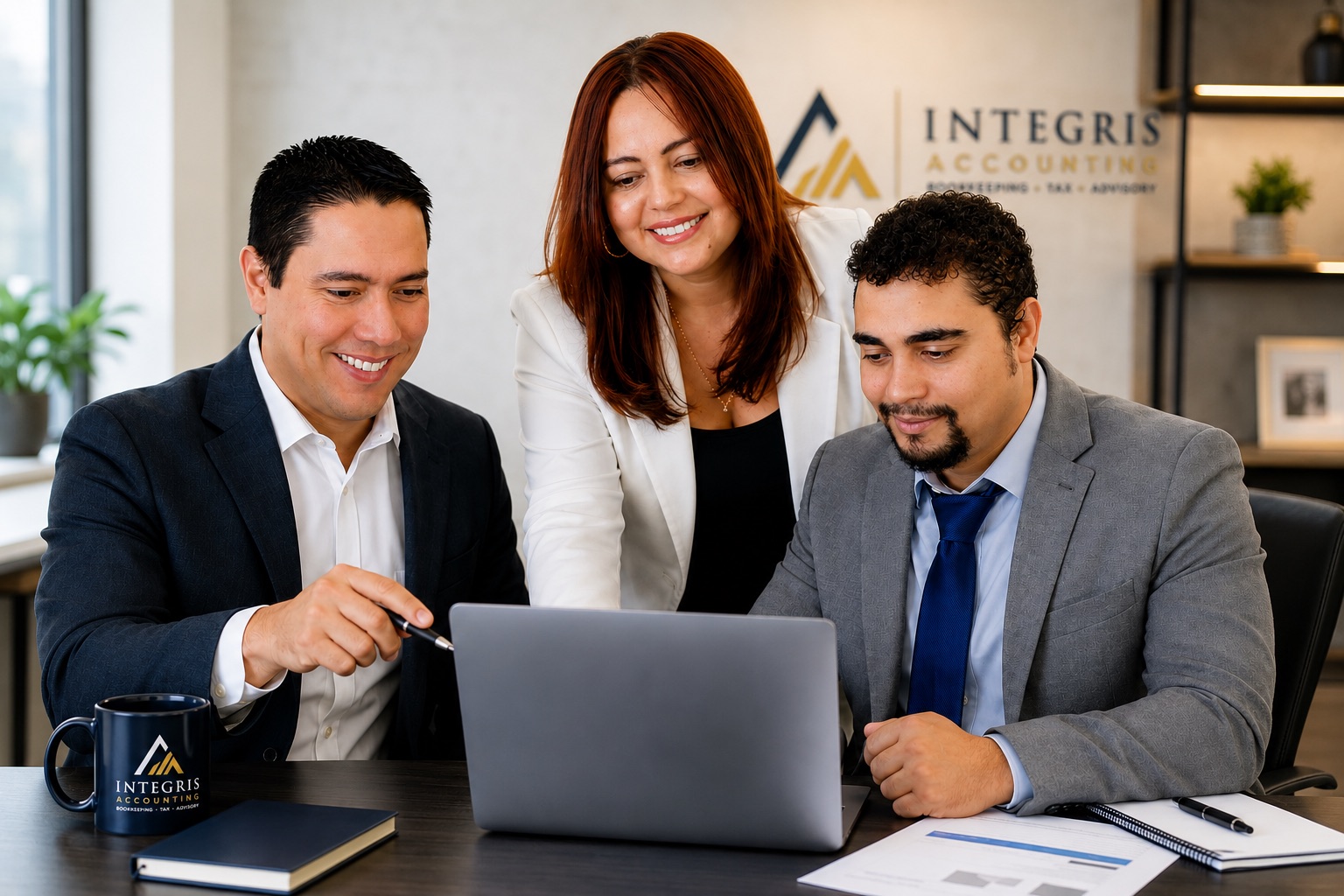 Edgar, Gloria, and Alex reviewing a client's numbers in the Integris Accounting office